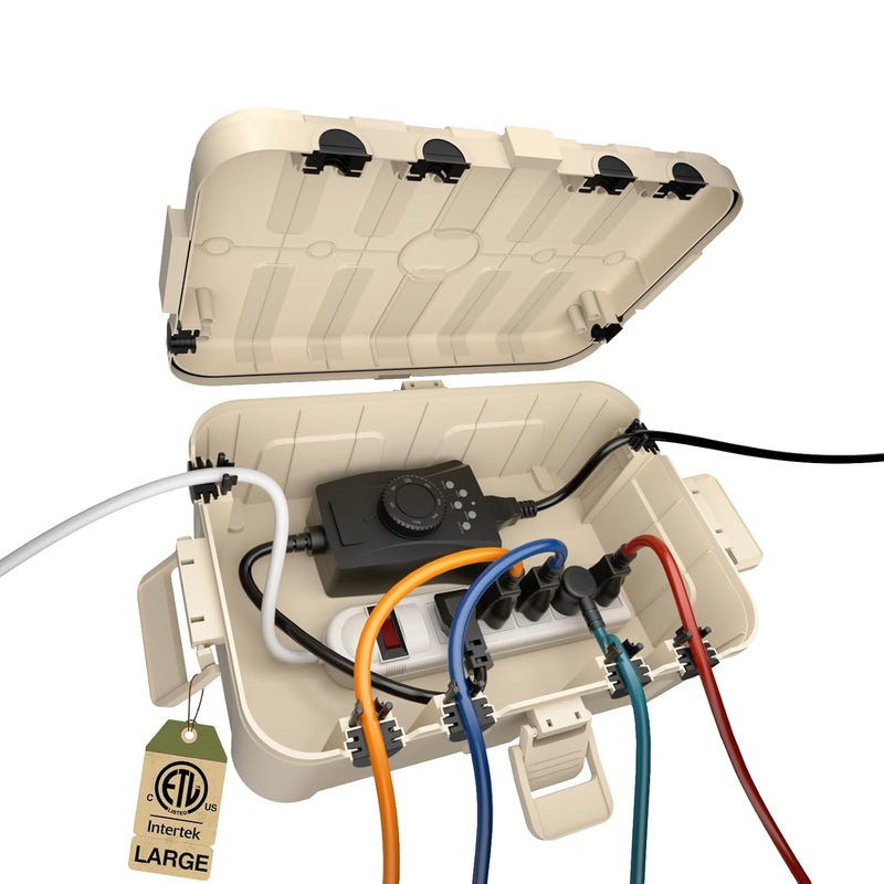 Flemoon Outdoor Electrical Box Waterproof, IP54 Waterproof Extension Cord Cover, Protect Outlet, Plug, Socket, Timer, Power Strip, Holiday Light, Large Weatherproof Connection Box, Almond - Image 1